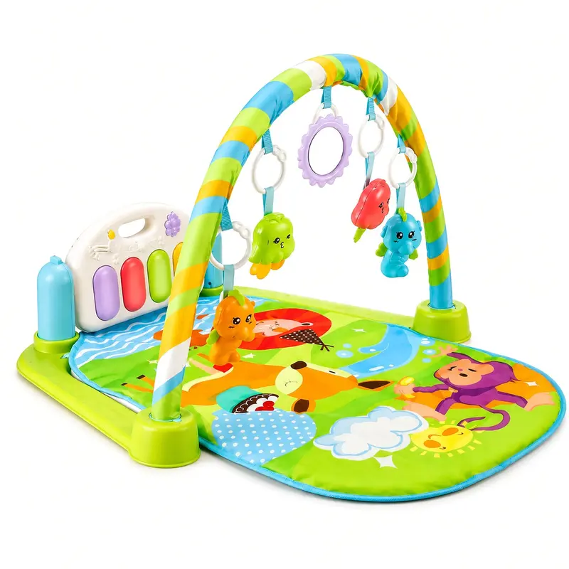 Baby Piano Play Mat Activity Gym with Lights and Music, Detachable Kick Piano, Hanging Rattles and Mirror, Infant Floor Mat for Tummy Time, Reaching and Seated Play