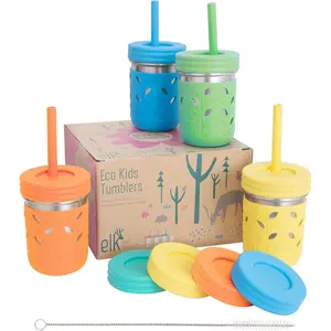 Elk and Friends 10oz Stainless Steel Kids + Toddler Drinking Cups| The Original Mason Jar with Sleeves + Lids| Silicone Straws| Smoothies| Storage Jar| Spill Resistant| Dishwasher Safe| 4 Pack