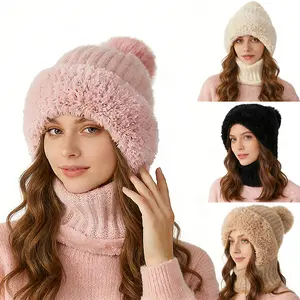 Winter Pompom Beanie Hat Scarf Face Mask Set Warm Knit Hooded Balaclava Neck Warmer Cap
