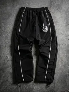 Men's Skeleton Finger Print Athleisure Pants with Lines, Spring Autumn Quick Dry Trousers, Drawstring Elastic Waist Sweatpants with Adjustable Cuffs and 2 Side Pockets, Breathable Sporty Bottoms