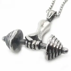 Mens Stainless Steel Barbell Dumbbell Necklace 316L Silver 24" Chain Gym Weight Lifting Pendant Fitness Lover Accessory