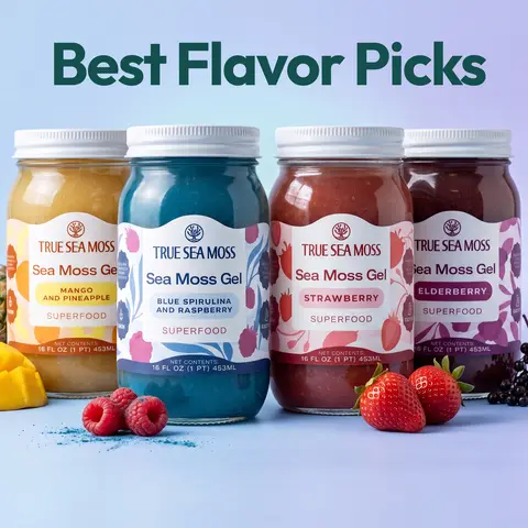 True Sea Moss Gel - Top 4 Best Selling Flavors with Gift: Mango-Pineapple, Strawberry, Elderberry, Blue Spirulina – Rich in Essential Minerals & Vitamins – supports overall vitality