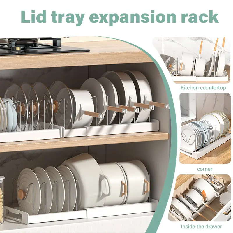 Adjustable Stainless Steel Expandable Pots and Pans Storage Rack - White & Grey Slide-Design Multi-Functional Cabinet, Drawer Kitchen Organizer Accessory
