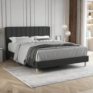 Upholstered Platform Bed Frame With Headboard,Mattress Foundation,Strong Wooden Slats Support