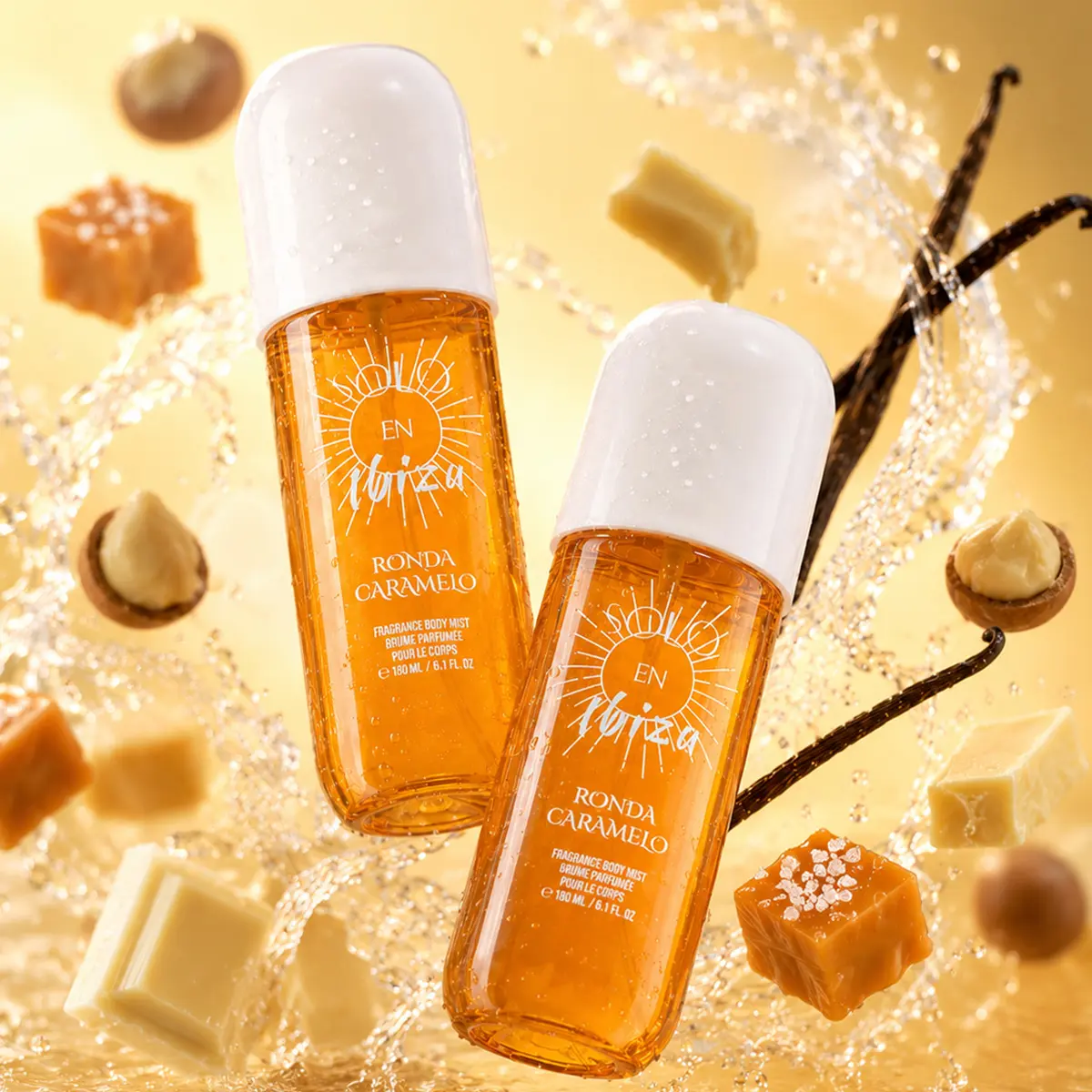 SOLO EN IBIZA Ronda Caramelo EDP Gourmand Body Mist - 6 fl oz Full Size, Lightweight, Cruelty Free Hair & Body Fragrance for Adults (Single Item) with Caramelized Vanilla, Sea Salt, White Chocolate, Coconut, Aromatic Sweet Scent, Peg-4 Hydrogenated C, Van