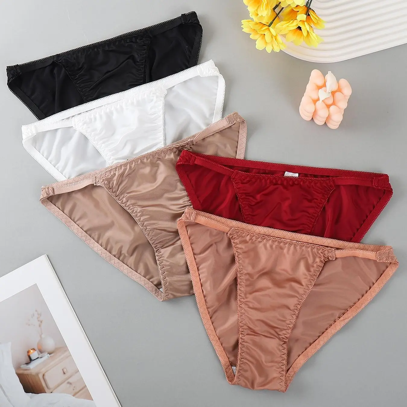 Women's 5-Pack Silk Satin Thongs, Sexy Solid Low-Rise Underwear, Breathable Minimalist Style for Everyday Elegance, Fashion Breathable Underwear, Fitted Panties, Lingerie, Women's Clothes, Halloween, Family, Ladies