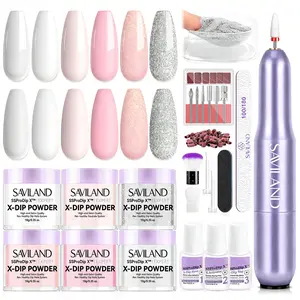 SAVILAND Dip Powder Nail Kit with Drill: 6 Color French Nail Art Perfect Beginners Set Features Pink Nude Glitter Clear Powder DIY Home Manicures
