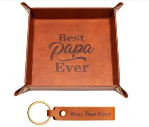 2Pcs PU Valet Tray Keychain Desktop Storage Organizer, Best Papa Ever Gift Brown PU Leather Catchall Tray Nightstand Caddy Holder for Keys Watch Phone Wallet Jewelry