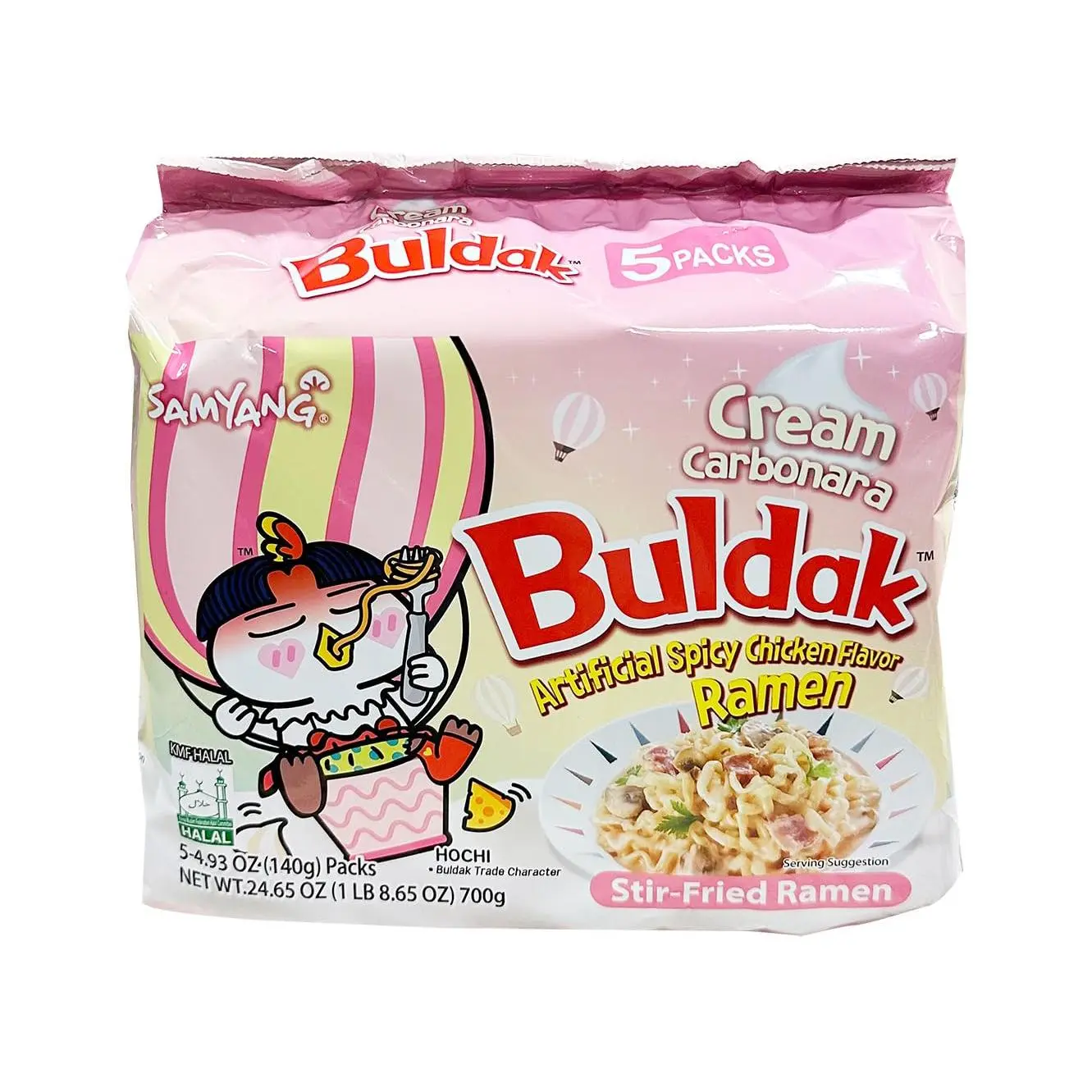 Samyang Buldak Ramen picante picante sabor a pollo, paquete instantáneo coreano salteado instantáneo, crema carbonara, 1 bolsa con 5 paquetes, 4.93 onzas