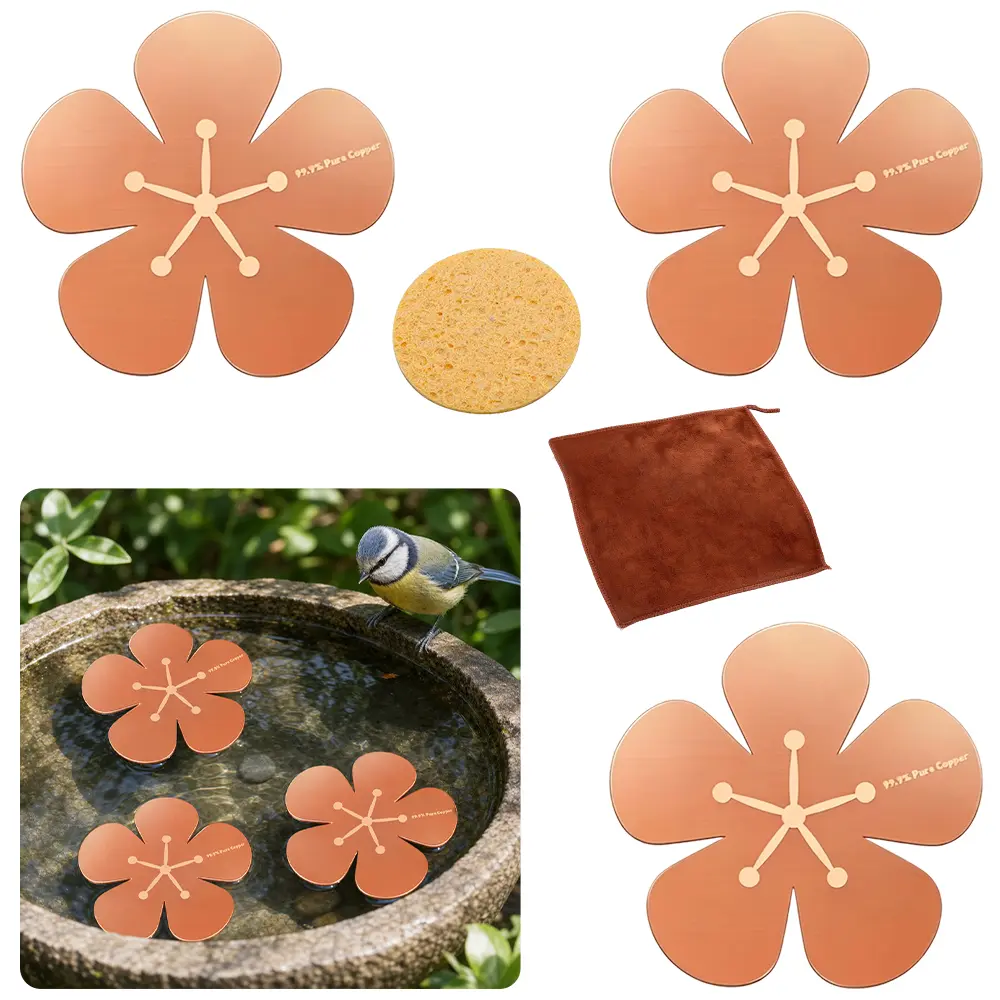 3PCS Floral Design Copper Bird Bath Discs with Cleaning Tools Kit, Decorative Bird Bath Insert Pads for Outdoor Garden Decor, Patio Yard Bird Bath Accessories for Bird Enthusiasts