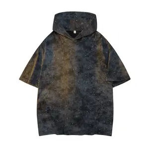 Men’s summer tie-dye hooded short-sleeve T-shirt; washed distressed hooded sweatshirt; men’s trendy, versatile loose-fit top; casual, comfortable style.