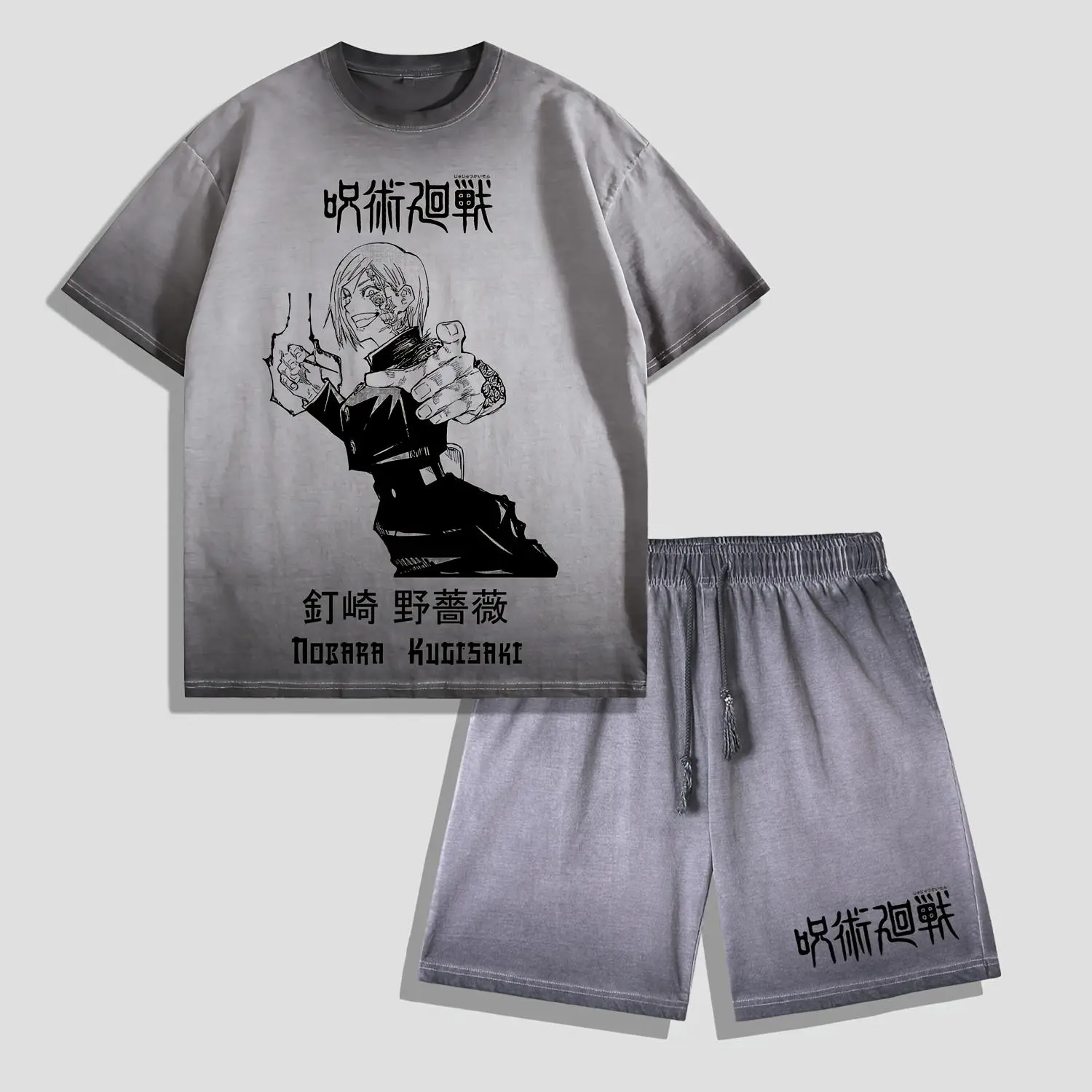 Jujutsu Kaisen Nobara Kugisaki Washed T-Shirt Shorts Set, Vintage Anime Streetwear, Oversized Cursed Tool Tee