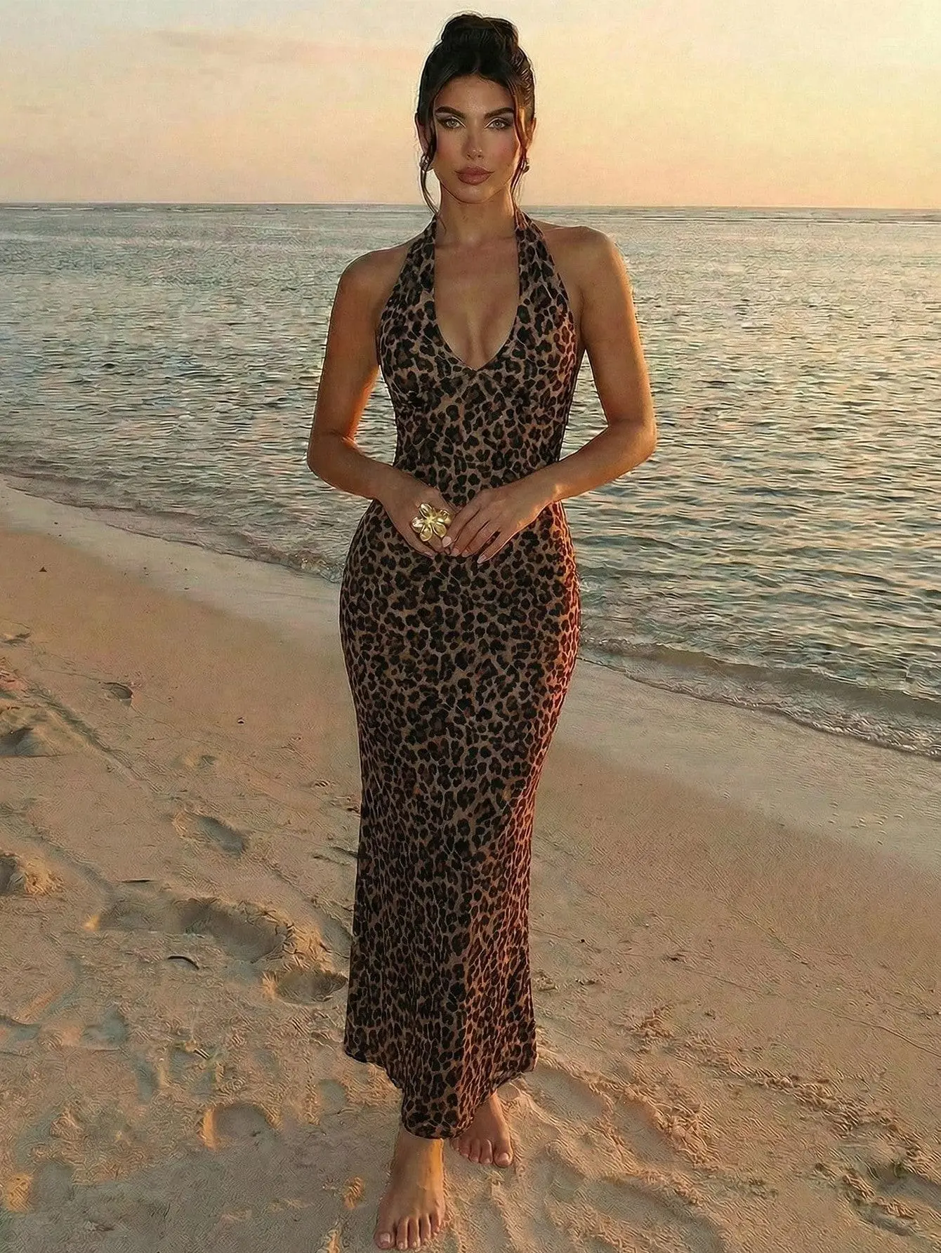 Deep V-Neck Halter Leopard Print Bodycon Dress, Evening Party Cocktail Dinner Date,Brown Checkered,Summer,Casual,Beach,Holiday,Vacation,Holiday