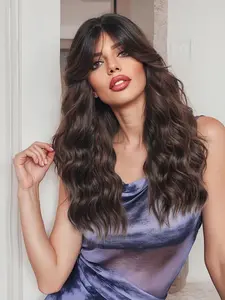 24 Inch Long Curly Wigs for Women, Gorgeous Fluffy Wigs with Curtain Bangs, Synthetic Full Machine Wigs for Party, Daily Use