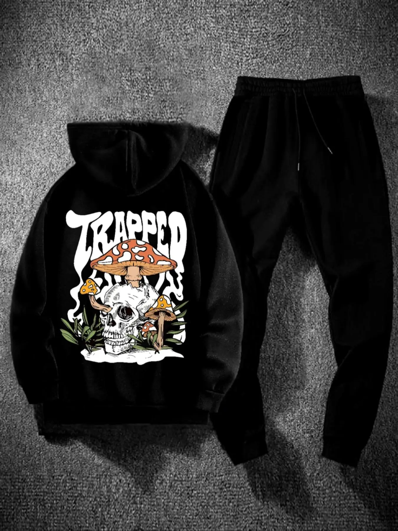Men's Letter & Skull & Mushroom Print Pocket Hoodie & Drawstring Waist Sweatpants Set, Regular Fit Casual Hooded Sweatshirt & Jogger Pants, Men Outfits for Fall & Winter