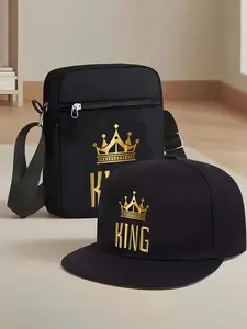 King Crown Letter Print Set, Unisex Flat Brim Hip-Hop Baseball Cap & Crossbody Bag, Street Fashion Outdoor Sports Hat & Bag, Adjustable Gift
