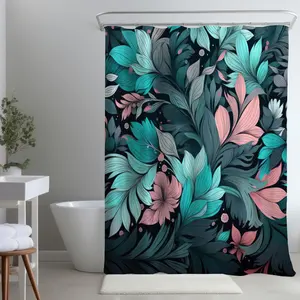 212 MAIN Neon Leaves Black Polyester Shower Curtain - 71x74 in., Splash-Resistant, Includes Hooks, MWW C1SC7174R0566C, Stylish Bathroom Household Items Decor, Home Supply