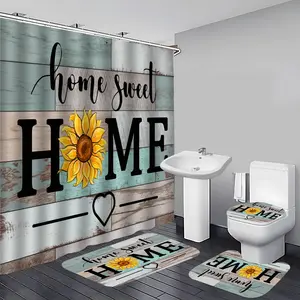 Vintage Sunflower Pattern Shower Curtain Set, 1 Count Shower Curtain/4 Counts Shower Curtain & Toilet Mat & Bath Mat & Toilet Lid Cover Set, Bathroom Decor Supplies for Home Dormitory Hotel Salon, Bathroom Decoration Accessories