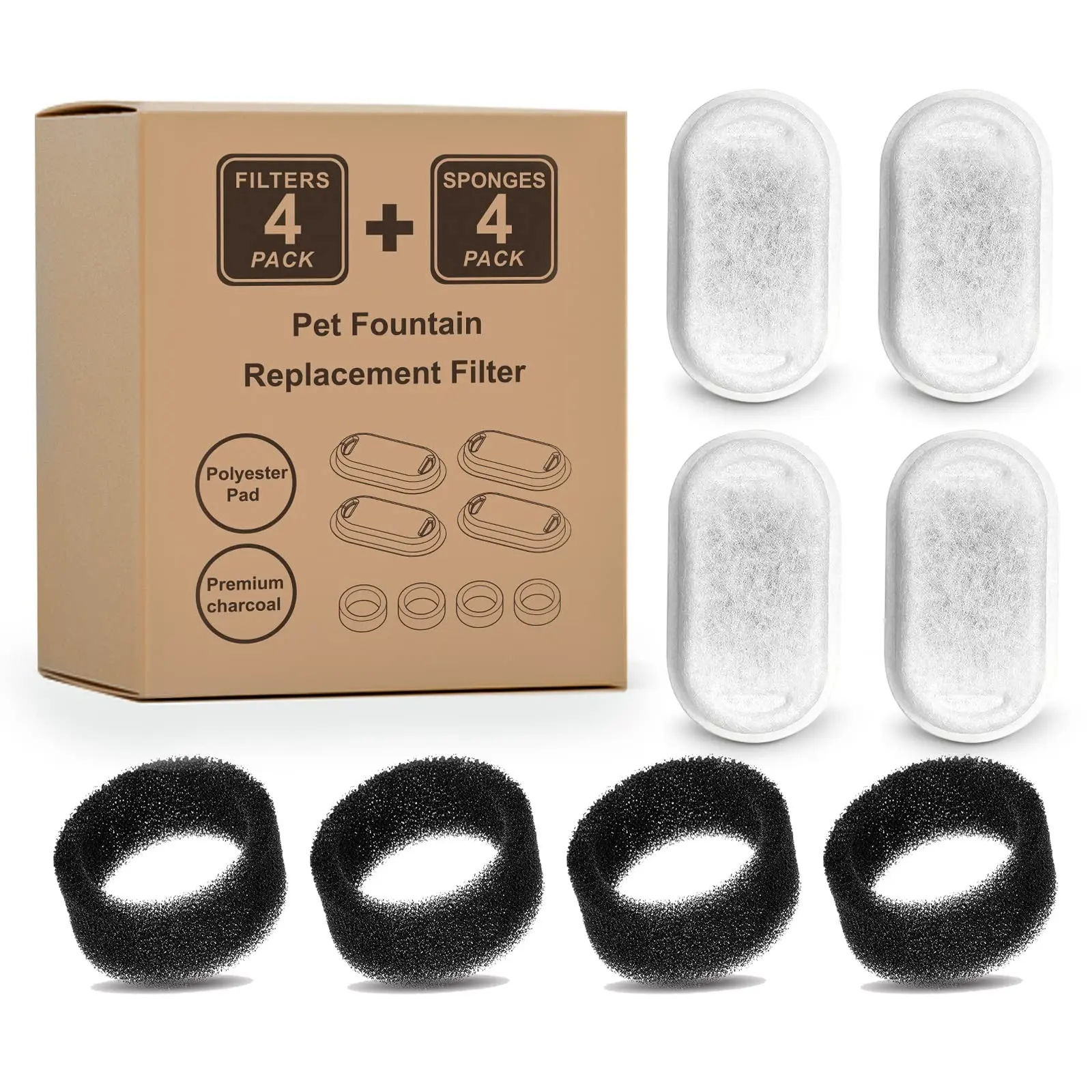 4/8/12Set Cat Fountain Replacement Filter, 3.2L/108oz Stainless Steel Pet Water Fountain Filter , Multi-Layer Filtration System, Cat and Dog Fountain Accessories