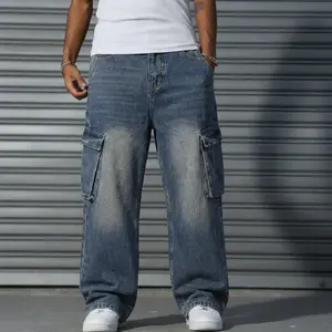 Men's Casual Plain Vintage Washed Wide-Leg Cargo Jeans - Mens Clothing Baggy Roomy Jean Pants Bottoms with Side Utility Pockets, Durable Hardware, Streetwear Style
