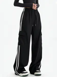 Women's Vintage Striped Loose Fit Pants, Elastic Waistband Drawstring Design, Casual Daily Wear, Sporty Style, Perfect for School & Sports