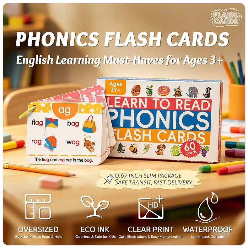 60pcs Phonics Flash Cards (20 Phonic Stages, 480 Words & 120 Sentences) - Learn to Read Educational Game for Kids Ages 4-8 Back to School