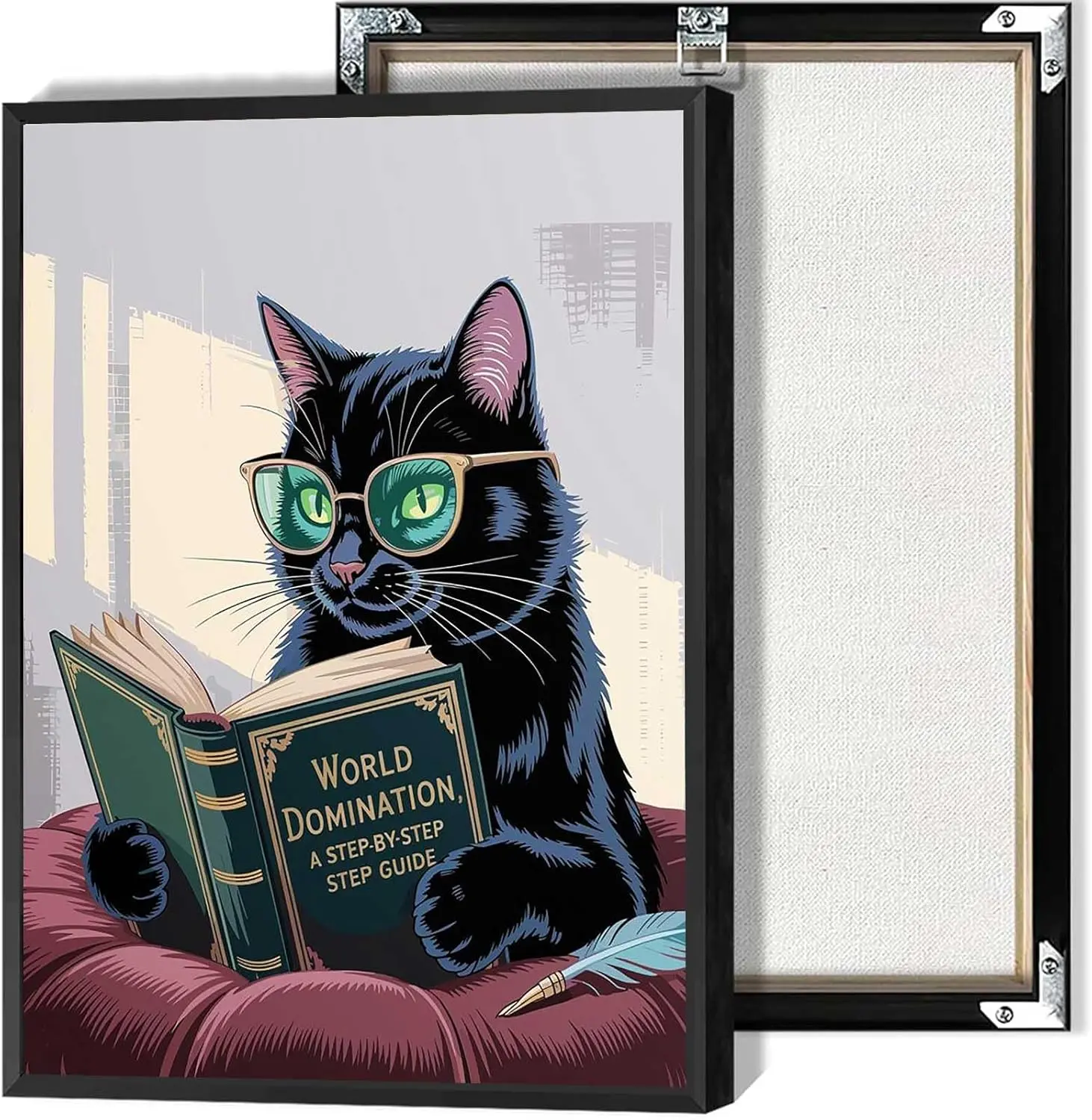 Customizable Cartoon Playful Glasses-Wearing Reading Cat Canvas Wall Art Photo - Cute Pet Character Print Poster, Room Home Decor, Office Supplies, Characters