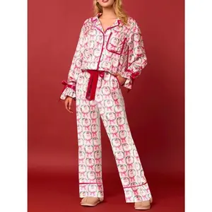Cute Christmas Pajamas Women Bow Tie Long Sleeve Shirt Pants Pj Set Xmas Graphic Print 2 Piece Satin Sleepwear Comfort Loungewear