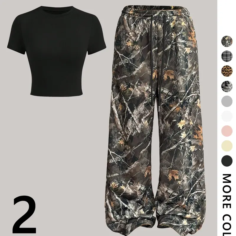 Women's Crop Tee & Wide Leg Pants Two-piece Set, Casual Fashion Cozy Round Neck Short Sleeve Graphic T-shirt & Trousers for Daily Outdoor Wear, Ladies Clothes for All Seasons