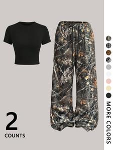 women's crop tee & wide leg pants two-piece set, casual fashion cozy round neck short sleeve t-shirt & trousers for daily outdoor wear, ladies clothes for all seasons, going out sets, womenswear, casual outfits women, vacation sets, loungesetwomen