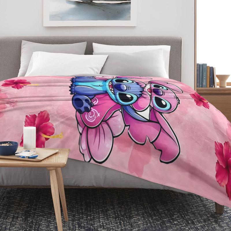 Disney Stitch Blanket Collection - Pink Floral Design Featuring Stitch & Friends Soft Cozy Throw Blanket for Kids and Adults