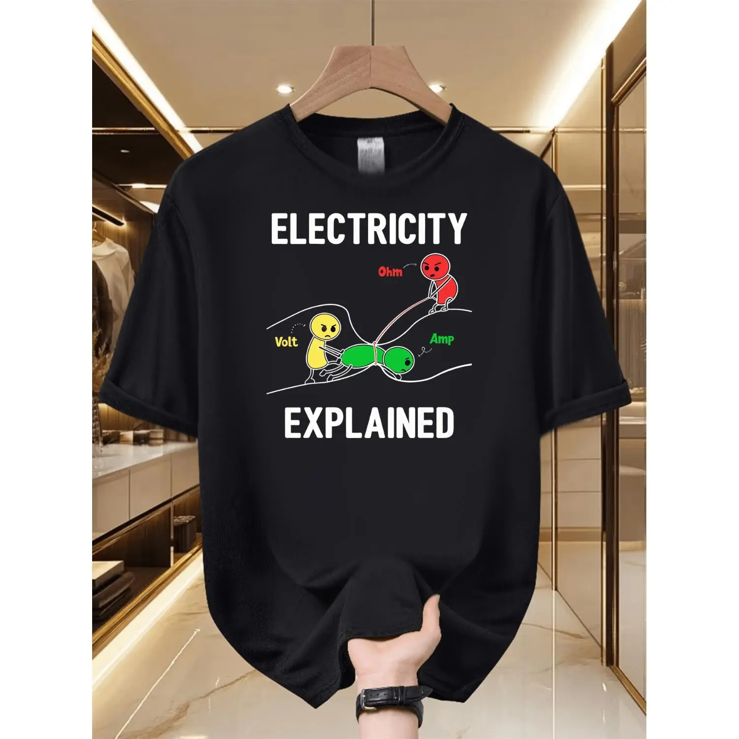 Men's Electricity Explained T-Shirt - Science Teacher Gift Suitable for STEM Education, Soft Breathable 100% Polyester Crew Neck Short Sleeve Shirt with Electricity Diagram & Humorous Physics for, Lab, Casual Attire