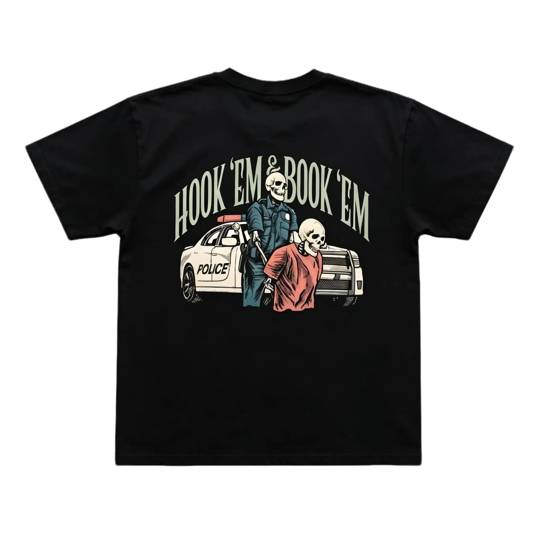 Men's Police Graphic T-Shirt with "Hook 'em & Book 'em" Print, Casual Streetwear Short Sleeve Top in a Comfortable Cotton Blend, Shortsleeve, Tshirt, Day, Outfits, Basic, Fabric
