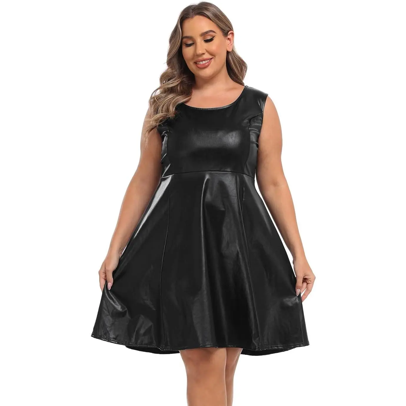 Plus Size Shiny Metallic Alien Costume Dress Futuristic Sleeveless Space Skater Dress