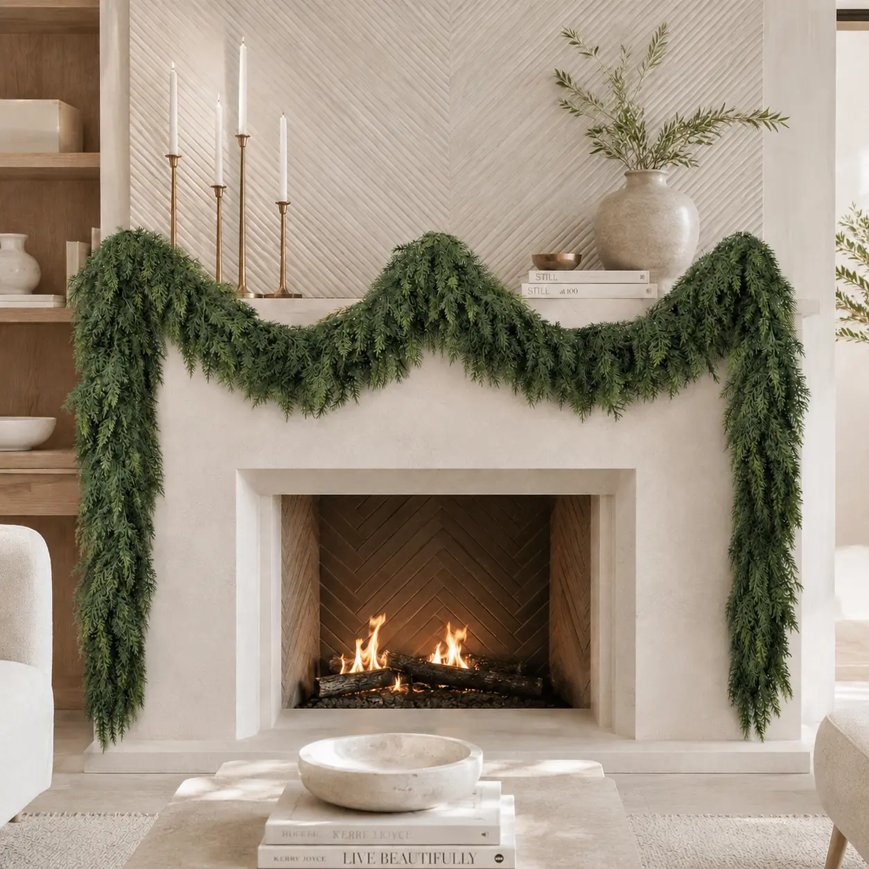 12 FT 1Pcs Artificial Cedar Garlands, Real Touch Winter Cedar Garland, Green Artificial Greenery Pine Garland for Table, Staircase，Mantle, Wall, Indoor, Outdoor Christmas Decorations
