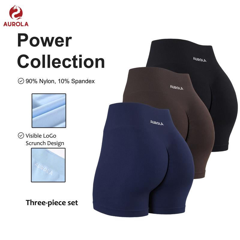 AUROLA 3 Pieces Pack Set Power Workout Shorts for Women,Seamless Gym Shorts High Waist Tummy Control Yoga Biker Shorts