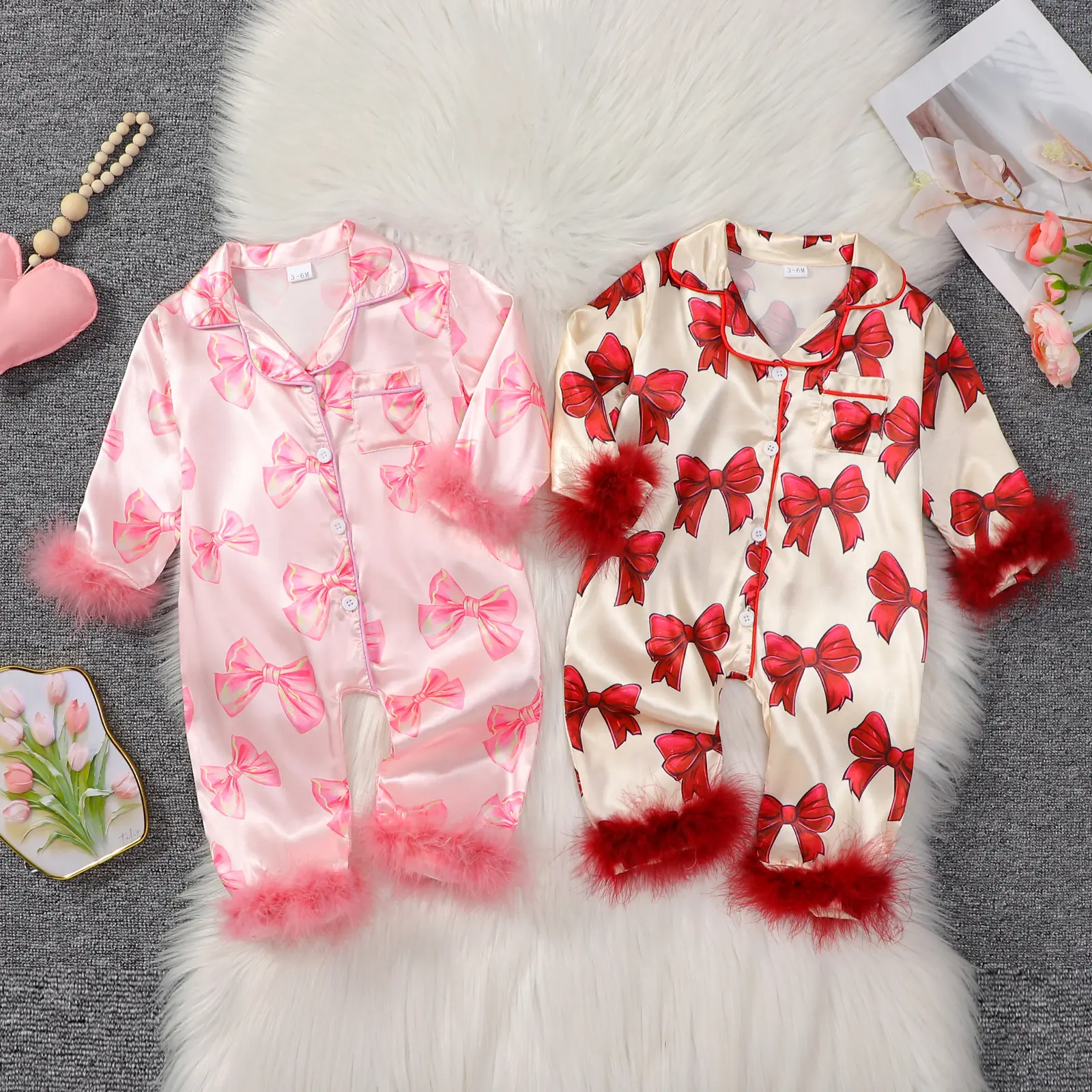 REDWOON Baby Girl Silk Stain Pajamas Feather Cuffs Romper  Jumpsuit Pjs Long Sleeve Lapel Button Down Nightgown