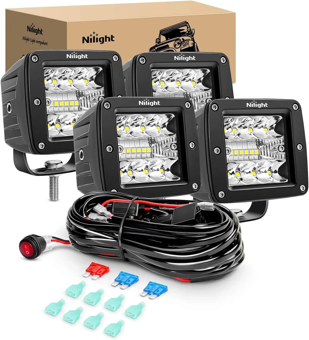 Nilight 4-Pack 3in 42W Super Bright LED Work Lights, Square Aluminum Truck Offroad Accessories with Upgraded Spot-Flood Combo Beam, Bracket Mount, Wiring Harness, -40~85°C for Driving, Father's Day Gift, Offroad Lights