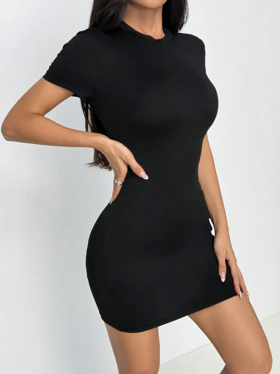 Petite Women Plain Crew Neck Short Sleeve Simple Mini Bodycon Dress, Casual Basic Sexy for ,Petite Women Going Out Black Summer
