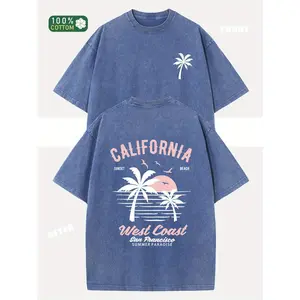 Washed Cotton California Graphic Tee – 250g Soft Vintage Surf Beach Tee with Palm Trees & Retro Print, Loose Fit Summer Casual Shirt for Men Women, Unisex Machine Washable