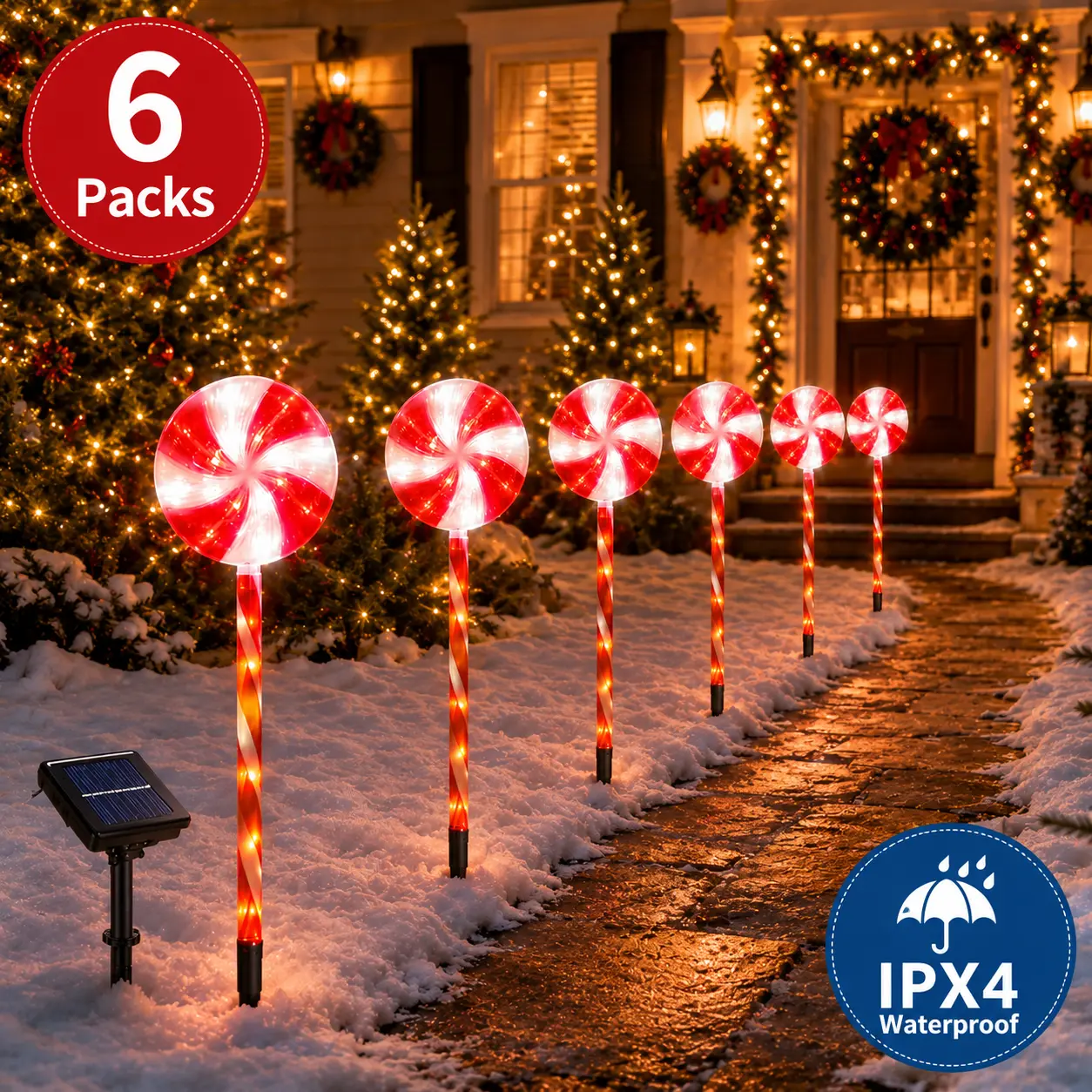 6-Pack Red & White Plastic Solar LED Peppermint Candy Stake Lollipop Themed Decorative Lights, IPX5 Weatherproof Fairy Lights, Auto On/Off Outdoor Festive Decor for Yard, Walkway, Patio