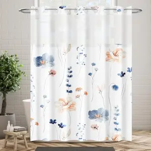 Shower Curtain with Snap in Liner, Watercolor Double Layer Blue Flower Shower Curtain,Polyester Fabric Shower Curtains for Bathroom Hotel Style Double, 71" L x 72"