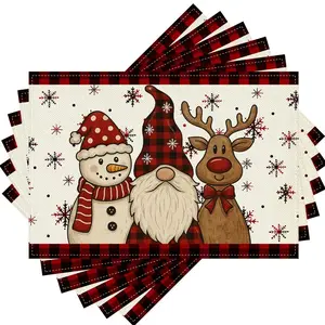 2-piece/4-piece 6-piece set, Christmas placemat - designed for snowmen, gnomes, and reindeer, featuring red and black checkered snowflakes, suitable for holiday dining decoration, Christmas tabletop decoration, table mat, washable, dining mat