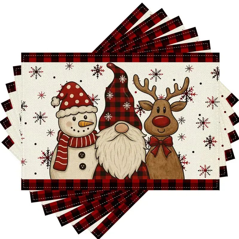 2-piece/4-piece 6-piece set, Christmas placemat - designed for snowmen, gnomes, and reindeer, featuring red and black checkered snowflakes, suitable for holiday dining decoration, Christmas tabletop decoration, table mat, washable, dining mat