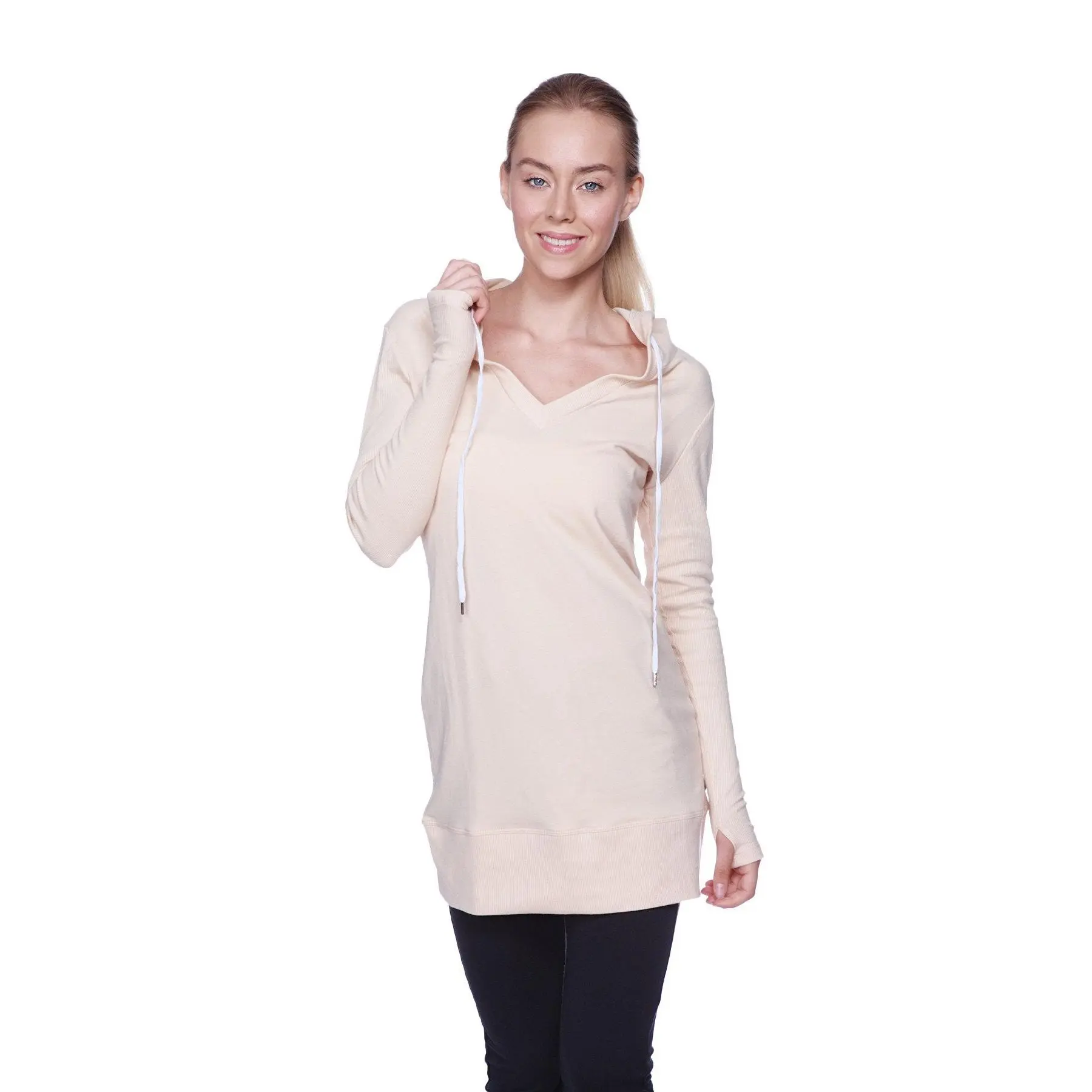 Women's Long Body Hoodie Top (Solid Sand Camel Beige)