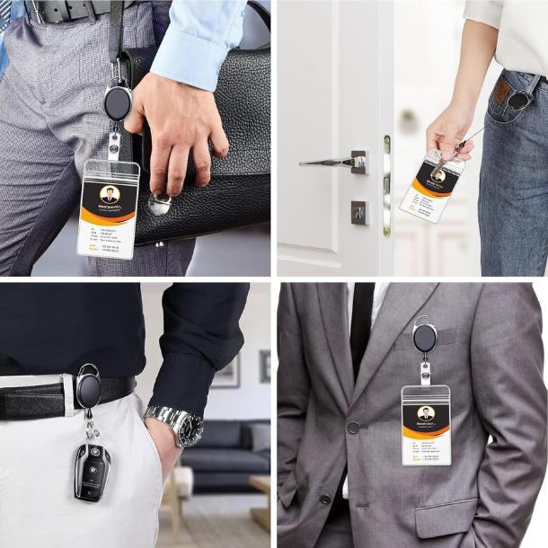 [New Deal] 2 Pack ID Badge Holders with Metal Clip and Keyring - Vertical Clear Plastic ID Card Holders (2.5" x 3.4") - Retractable 24" Pull Cord for Office, School,