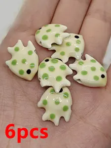 6pcs Triangle Fish Blue Spot Ceramic Beads, Tropical Ocean Style DIY Jewelry Making, Cute Cartoon Pattern, All Seasons Accessory