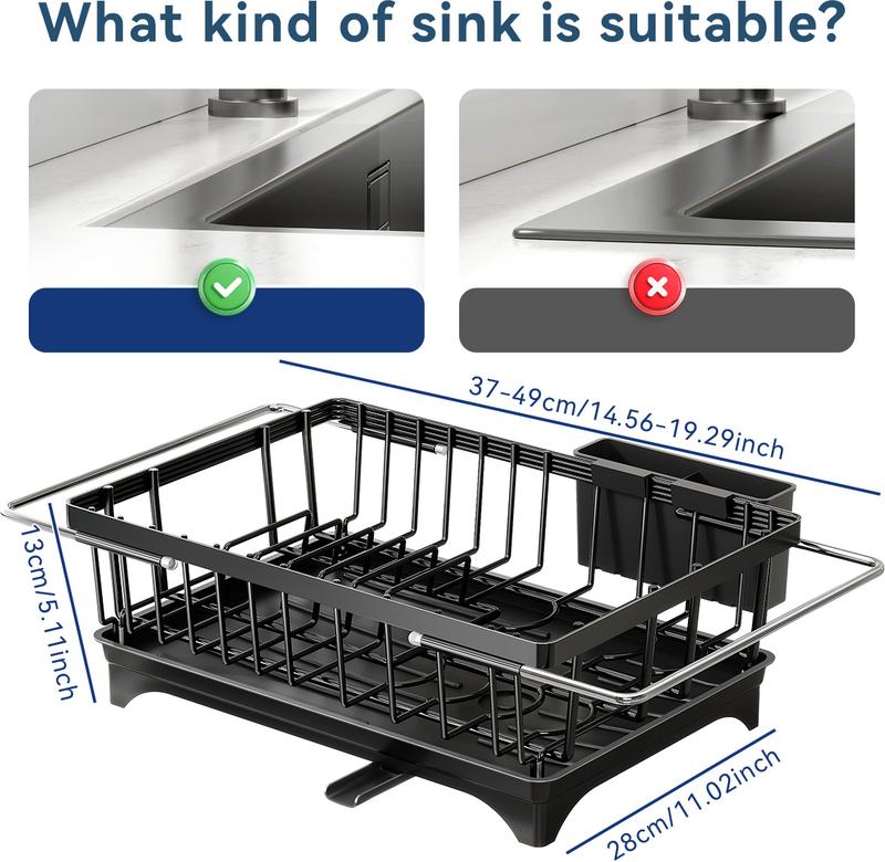 MiAoLi Over the Sink Expandable Dish Drainer Drying Rack In Stainless Steel for Small Kitchen, Counter Space Saving Modern Compact Metal Above Plate Dryer Strainer, Adjustable Hanging Inside Drain Holder