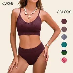 CUPSHE Cocoa Hour Brown Bikini Set Adjustable Straps Mid-Rise Swimsuit with Tummy Smoothing Classic Coverage Bathing suit #SummerVibes