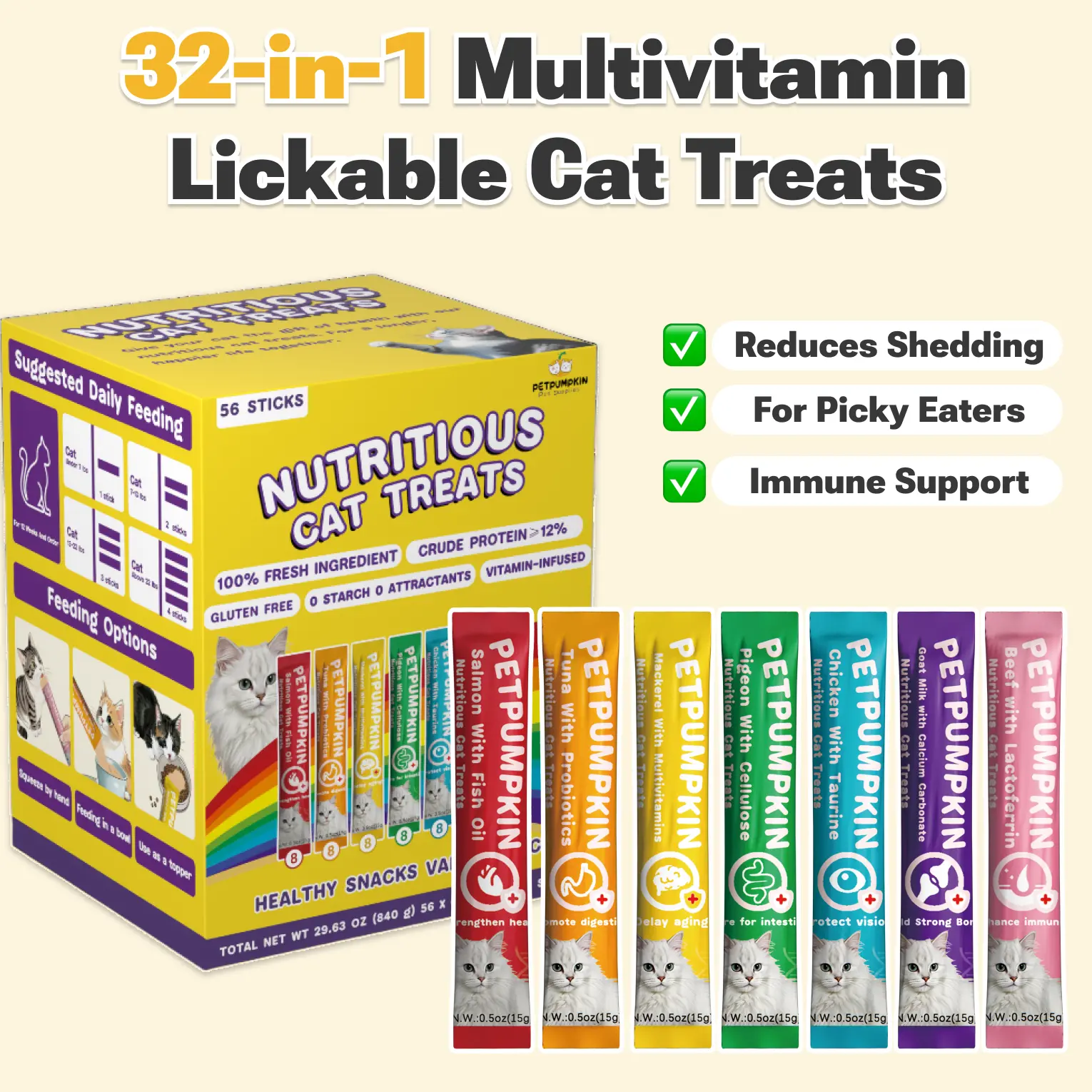 32-in-1 Multivitamin Lickable Cat Treat Paste - Gum-Free, Vet-Approved, with Lysine, Omega 3 & Probiotics for Shed Control, Joint Health, Digestion, Health Boosts (56 or 14 Pack)